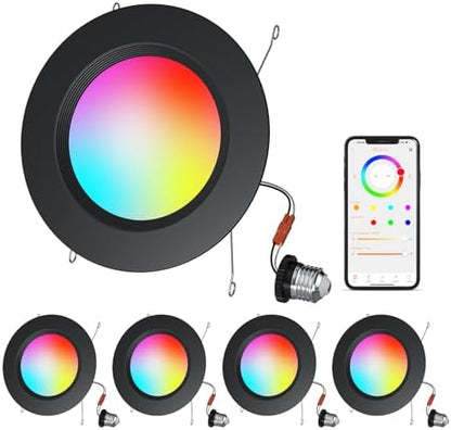 5/6" Smart Recessed LED Can Lights RGB CCT Bluetooth APP Alexa 13W 1050LM E26 Base 4Pack
