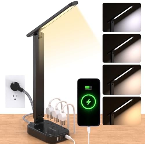 LED Desk Lamp Power Strip with 4 USB 3 Outlets, Dorm Room Essentials, Black