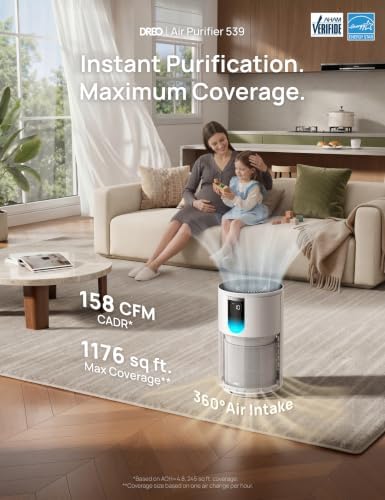 DREO Air Purifiers for Home, 539 Series HEPA Air Cleaner Up to 1176 Sq. Ft, PM2.5 Air Quality Sensor, Quiet, Auto/Turbo/Sleep Modes for Bedroom, DR-HAP009 (Snow White)