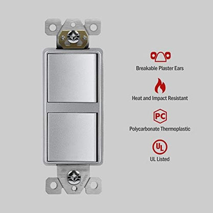 ENERLITES Silver Double Paddle Decorator Single Pole Switch, 15A, 1 Pack