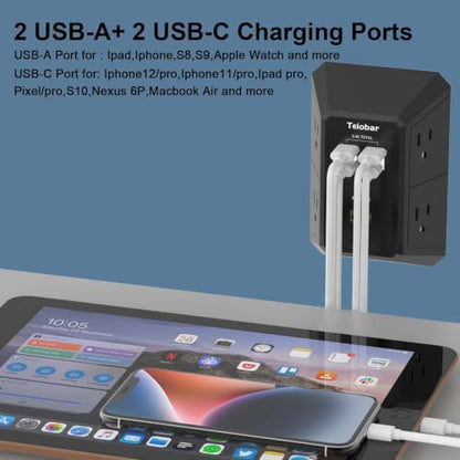 Wall Charger, Surge Protector, Teiobar 5 Outlets and 4 USB Ports(2USB-C)