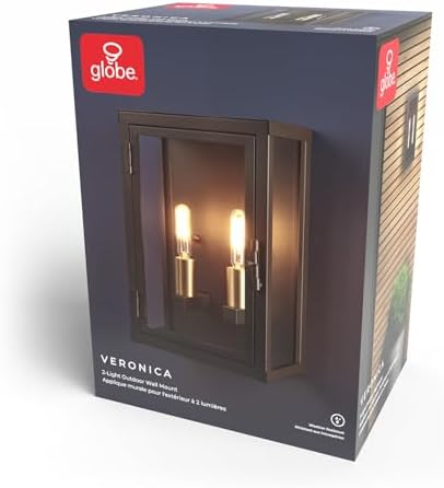 Globe Electric 60000131 2-Light Outdoor Wall Sconce, Dark Bronze, Matte Brass Accents, Weatherproof Glass Door Closure