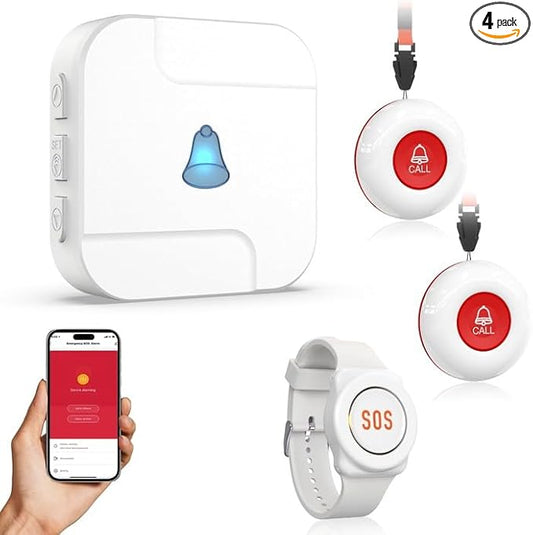 WiFi Caregiver Pager System with Emergency Button for Elderly - 1 SOS Alert Watch + 2 Wireless Call Buttons + 1 Receiver for Seniors Patient Disabled Kids (2.4GHz WiFi, No Monthly Fee)