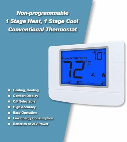 Non Programmable Thermostat for Home, Digital Energy-Saving Thermostat,Single-Stage Systems, 1 Heat/1 Cool, Easy DIY Install, Blue Backlight