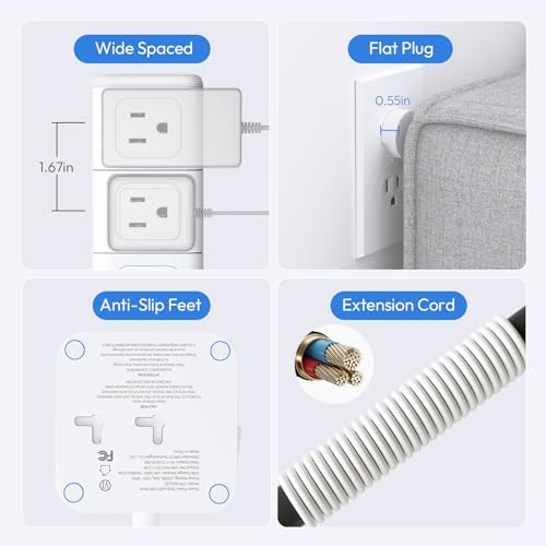 NTONPOWER Power Strip Tower with USB C Ports, 1080 Joules Surge Protector Tower, 1625W / 13A Overload Protection, 15 ft Extension Cord with Multiple Outlets, Power Outlet Tower for Home Office Dorm