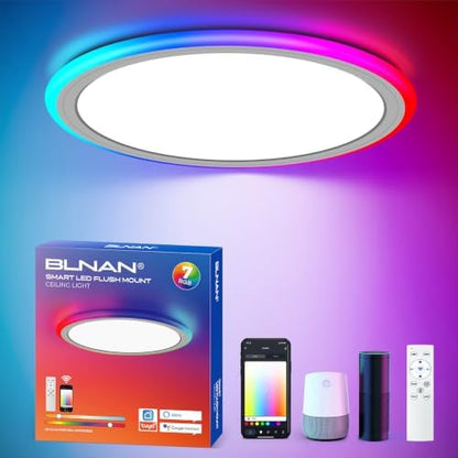 BLNAN Smart RGB LED Flush Mount Ceiling Light with Remote, 13 Inch 24W Dimmable Color Changing Low Profile Wired White Fixture, Works with Alexa Google Home App for Bedroom Living Kids Room Party