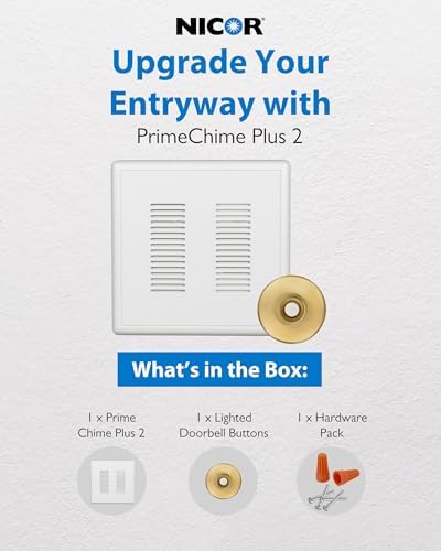 PrimeChime Plus 2 Electric Doorbell Kit - Doorbells for Home - Includes Selectable Ring Chimes - Stucco Button, Polished Brass - NICOR Lighting
