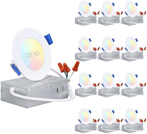 TORCHSTAR 12-Pack 5CCT 3 Inch Ultra-Thin LED Recessed Light, CRI90 6W