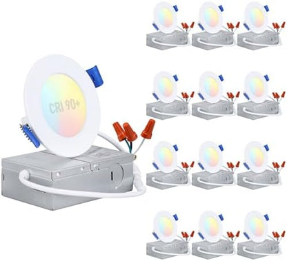 TORCHSTAR 12-Pack 5CCT 3 Inch Ultra-Thin LED Recessed Light, CRI90 6W
