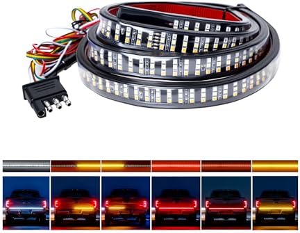 60" Tailgate Light Bar - 504 LED Triple Row Strip with Red Brake/White Reverse/Yellow Turn Signals, Sequential Strobe Effects, Waterproof Silicone for Car Pickup SUV Trailers