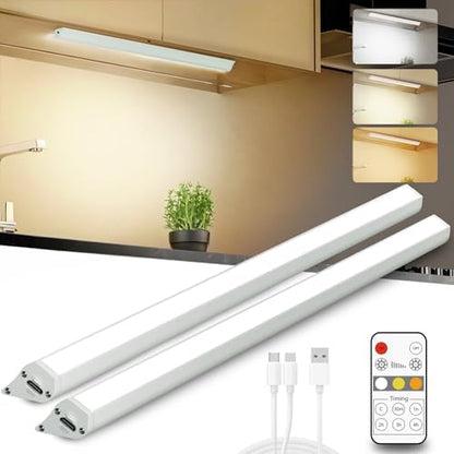 LED Under Cabinet Lighting Wireless, 2400mAh Rechargeable Cabinet Light, Battery Operated, Display Cabinet Lights, Stick on, 3-Color Shelf Lights, dimmable, with Remote Control(White, 2-Pack 12.2inch)