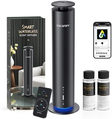 Cordless Waterless Diffuser for Essential Oils - Rechargeable Hotel Scent Diffuser for Large Room up to 1000 Sq Ft, App, Remote & Timer, Night Light, Includes 2 x 120ml Oils