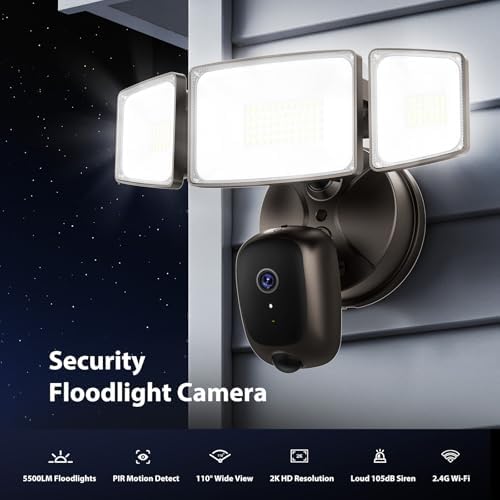 Onforu Hardwired Floodlight Camera Outdoor, 5500LM 2K HD Security Camera with Lights, Color Night Vision, Custom Motion Zones, 2-Way Audio, Built-in Siren, 2.4GHz WiFi, Compatible with Alexa, Brown