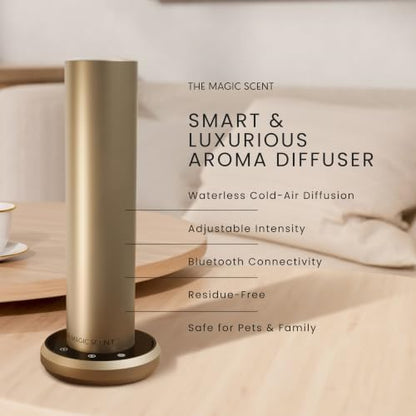 The Magic Scent Bluetooth Diffuser - Smart Ultra-Quiet Cold-Air Waterless Scent Diffuser for Home, Hotel, & Office - Programmable Intensity & Timer - Premium Aroma Oil Included (Gold)