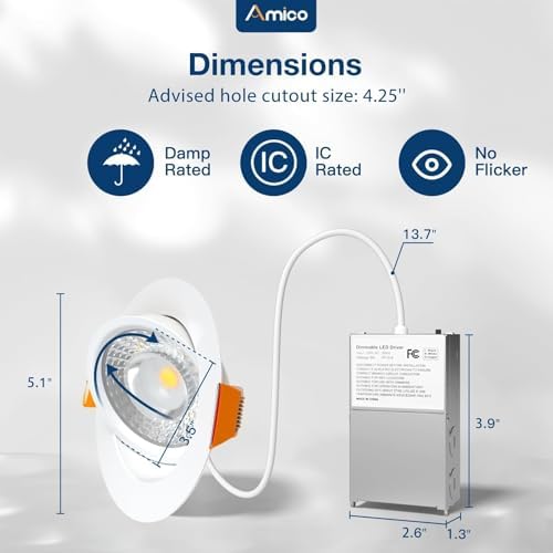 Amico 6 Pack 4 Inch 5CCT Gimbal LED Recessed Ceiling Light
