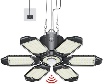 Motion Sensor Garage Light, 200W 20000LM Plug in Motion Sensor Light Indoor, Shop Lights for Garage Motion Activated Deformable Panels, Dusk to Dawn Sensor Light for Basement, Workshop, Warehouse