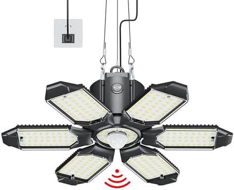Motion Sensor Garage Light, 200W 20000LM Plug in Motion Sensor Light Indoor, Shop Lights for Garage Motion Activated Deformable Panels, Dusk to Dawn Sensor Light for Basement, Workshop, Warehouse