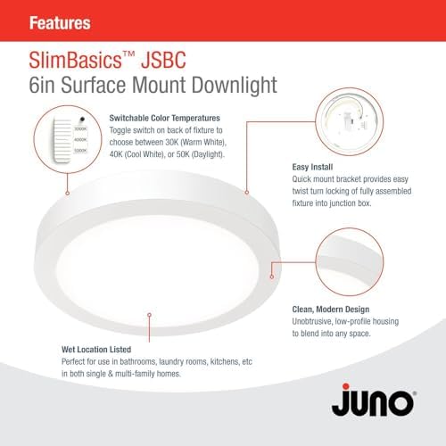 Juno Slim Basics 6 Inch LED Ceiling Light, Low Profile Surface Mount Downlight for Shower or Closet Lighting, 3000K/4000K/5000K Selectable White Light, Edged Trim, Wet Rated, Matte White, 6 Pack