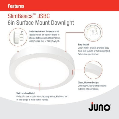 Juno Slim Basics 6 Inch LED Ceiling Light, Low Profile Surface Mount Downlight for Shower or Closet Lighting, 3000K/4000K/5000K Selectable White Light, Edged Trim, Wet Rated, Matte White, 6 Pack