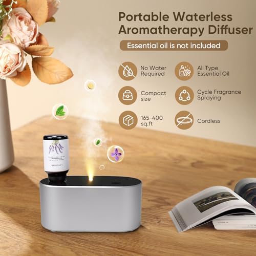 Waterless Diffuser for Home Essential Oil Diffuser, Aromatherapy Diffuser, Portable Scent Diffusers, 3 Mist Modes, Cycle Start for Bedroom, Office Studio 350-700 sq. ft Silver