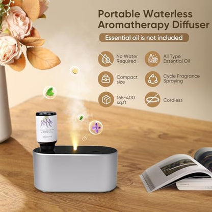 Waterless Diffuser for Home Essential Oil Diffuser, Aromatherapy Diffuser, Portable Scent Diffusers, 3 Mist Modes, Cycle Start for Bedroom, Office Studio 350-700 sq. ft Silver