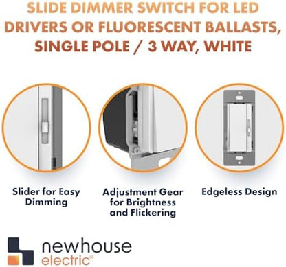 Newhouse Electric White 3-Way/Single Pole 0-10V Dimmer Switch for LED Drivers or Fluorescent Ballasts TDS-010V, Modern Wall Light Dimmer Switch for Contemporary Interior Design