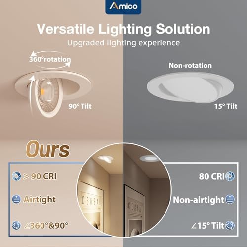 Amico 6 Pack 4 Inch 5CCT Gimbal LED Recessed Ceiling Light