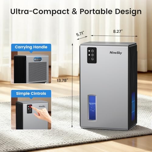 NineSky Dehumidifiers for Home, 1000 Sq.Ft Dehumidifier with 95oz Water Tank, Quiet Dehumidifier for Basement Bathroom Bedroom with 7-Color Ambient Light & Auto Shut Off, Sliver