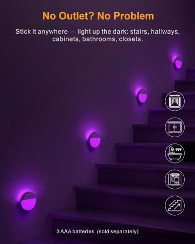 YUNLEX Purple Motion Sensor Night Light Battery Operated, Dim Sticky Light
