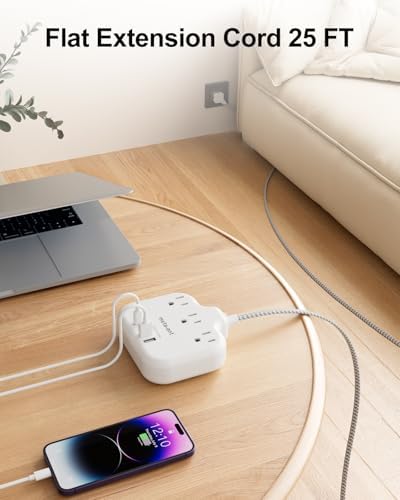 25FT Extension Cord with USB C - White Flat Plug Braided Extension Cord with 3 Outlets & 4 USB Ports (2 USB-C), No Surge Protector for Home, Office, Studio, Behind TV