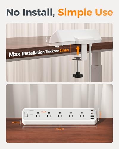 TESSAN Desk Clamp Power Strip 6 Ft with 2100J Surge Protector, Gray