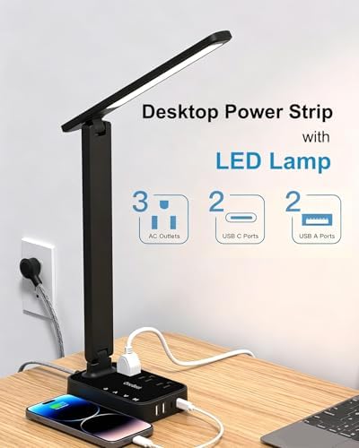 LED Desk Lamp Power Strip with 4 USB 3 Outlets, Dorm Room Essentials, Black