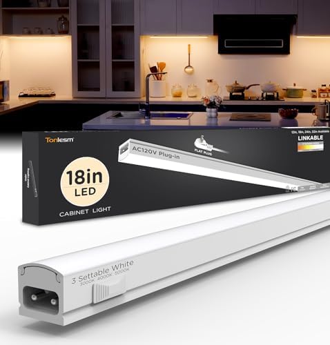 Under Cabinet Lighting Plug in AC120V 3CCT 3000/4000/5000K,Super Bright,Linkable Under Counter Lights for Kitchen,Ultra Slim LED Cabinet Light for Closet,Shelf,Sink,ETL Listed(18inch,White,1Pack)