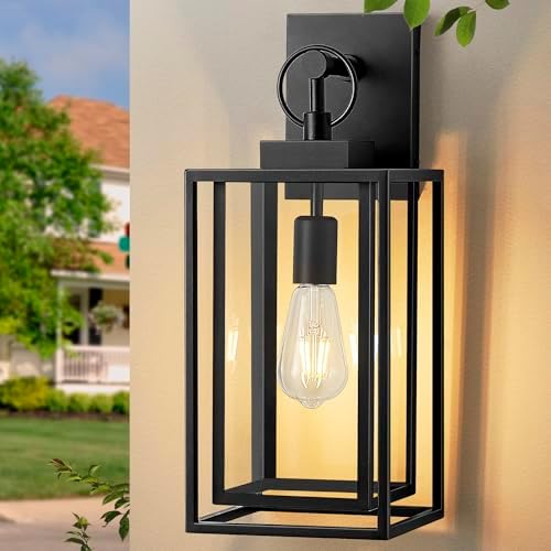 18 in Large Outdoor Wall Light,Double-Frame Satin Black Exterior Light Fixtures Wall Mount with Clear Tempered Glass Waterproof Outdoor Wall Sconces Lanterns for Porch,Garage,E26 Base,1 Pack