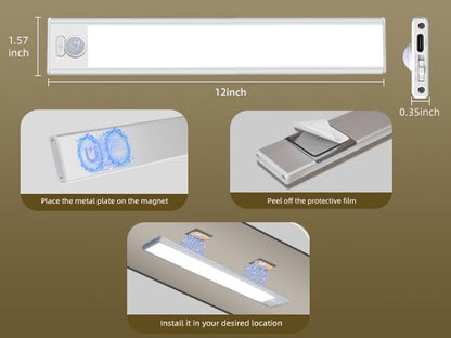 12inch Under Cabinet Lighting, 4 Pack Rechargeable Motion Sensor Light Indoor, Wireless Dimmable Magnetic Closet Lights, 50 LED Under Counter Lights for Kitchen, Wardrobe, Stairs, Warm Light