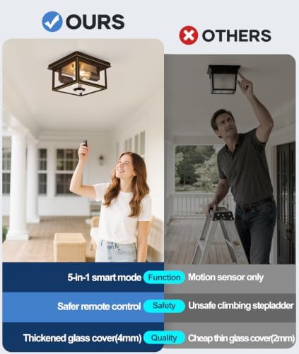 Motion Sensor Outdoor Ceiling Light with Remote, 8.5 Inch Brown and Gold Flush Mount Porch Light Fixture with United Glass Cover, 5 Modes Outside Flush Mount Light for Porch, Garage, Entryway