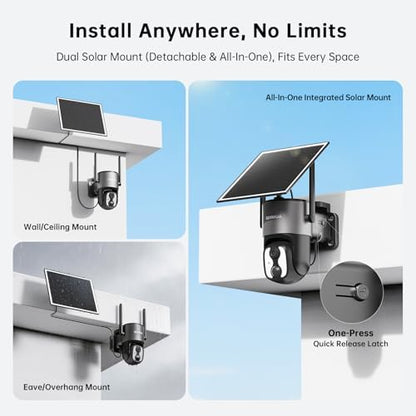 SEHMUA 4G LTE Cellular Solar Security Camera Wireless Outdoor, Easy to Install with One-Press Quick Release Latch, 2K No WiFi Security Cam, Color Night Vision, PIR Alarm, IP65 Weatherproof