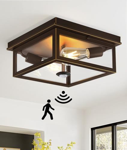 Motion Sensor Outdoor Ceiling Light with Remote, 12.2 Inch Oil Rubbed Bronze Flush Mount Porch Light Fixture with United Glass Cover, 5 Modes Outside Flush Mount Light for Porch, Garage, Patio