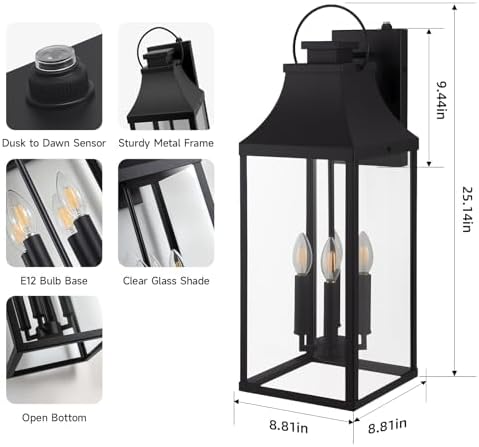 25'' Dusk Dawn Outdoor Wall Light, Large Black Exterior Porch Light Fixture