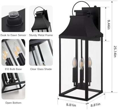 25'' Dusk Dawn Outdoor Wall Light, Large Black Exterior Porch Light Fixture