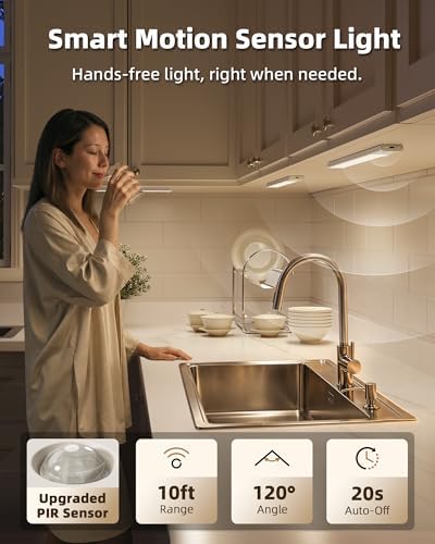 EZVALO Under Cabinet Lighting Wireless, 8'' 1800mAh Rechargeable Closet Light, LED Motion Sensor Lights with Power Display, Dimmable & 3 Color Temps, Under Counter Lights for Kitchen, Pantry, Stairs