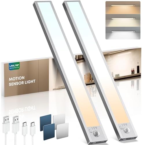 LROLTEF Under Cabinet Lights Wireless, 2 Pack 15.7 inch 1500mAh 3000K 4000K 6500K 3 Color Temps Dimmable Motion Sensor Light Indoor, Rechargeable LED Under Counter Lights for Kitchen, Stairs, Closet