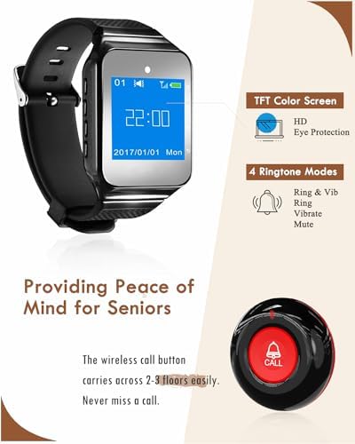 CallToU Wireless Caregiver Pager Call Button 500+Feet Nurse Alert System for Elderly Monitoring Waterproof Call Bell for Home 1 Receiver Wrist Pager 2 SOS Call Buttons