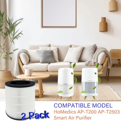 2 Pack AP-T200FL Replacement Filter for HoMedics AP-T200 AP-T2503 Smart Air Purifier, 3-in-1, H13 True HEPA with Activated Carbon and Pre-Filter