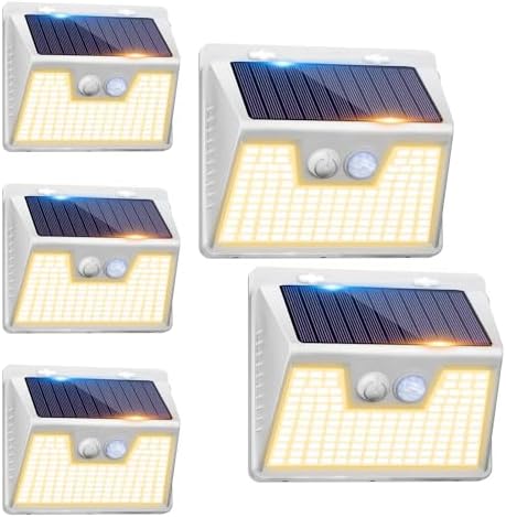 Peasur Solar Outdoor Lights [5 Pack/140LED], 3000K Warm Light Solar Motion Sensor Outdoor Powered Security Lights 3 Working Modes Waterproof for Outside Garden Yard, White Frame