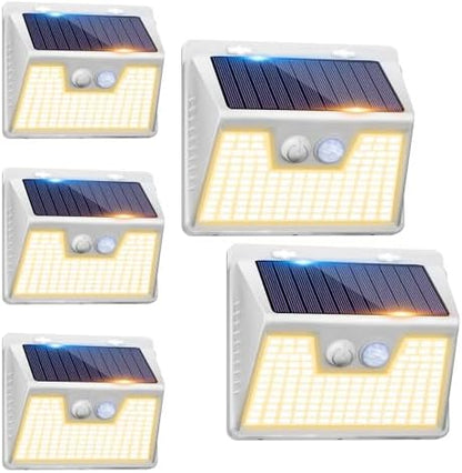 Peasur Solar Outdoor Lights [5 Pack/140LED], 3000K Warm Light Solar Motion Sensor Outdoor Powered Security Lights 3 Working Modes Waterproof for Outside Garden Yard, White Frame