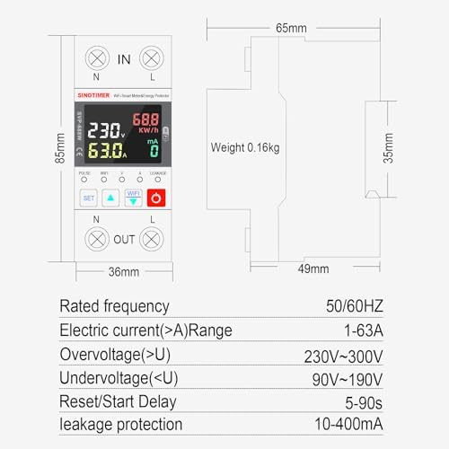 Colorful LED WiFi Smart Energy Meter, AC 63A 220VAC WiFi Earth Leakage Over Under Voltage Protector, Circuit Breaker Din Rail, Electricity Energy Monitor APP Remote Control Smart Life