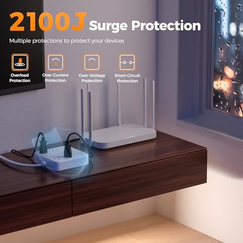 TESSAN Surge Protector Power Strip, 15Ft Flat Plug Extension Cord, Grey