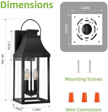 20'' 2 Pack Outdoor Wall Sconce Lights, Large Black Exterior Porch Lantern