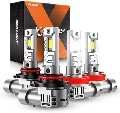 SEALIGHT H8 HB3 Light Bulbs, 9005 H11 Fog Bulbs with Turbo Fan, 100,000LM 8X Brightness 3 Mins Quick Installation, IP67 Waterproof Bulbs, Pack of 4